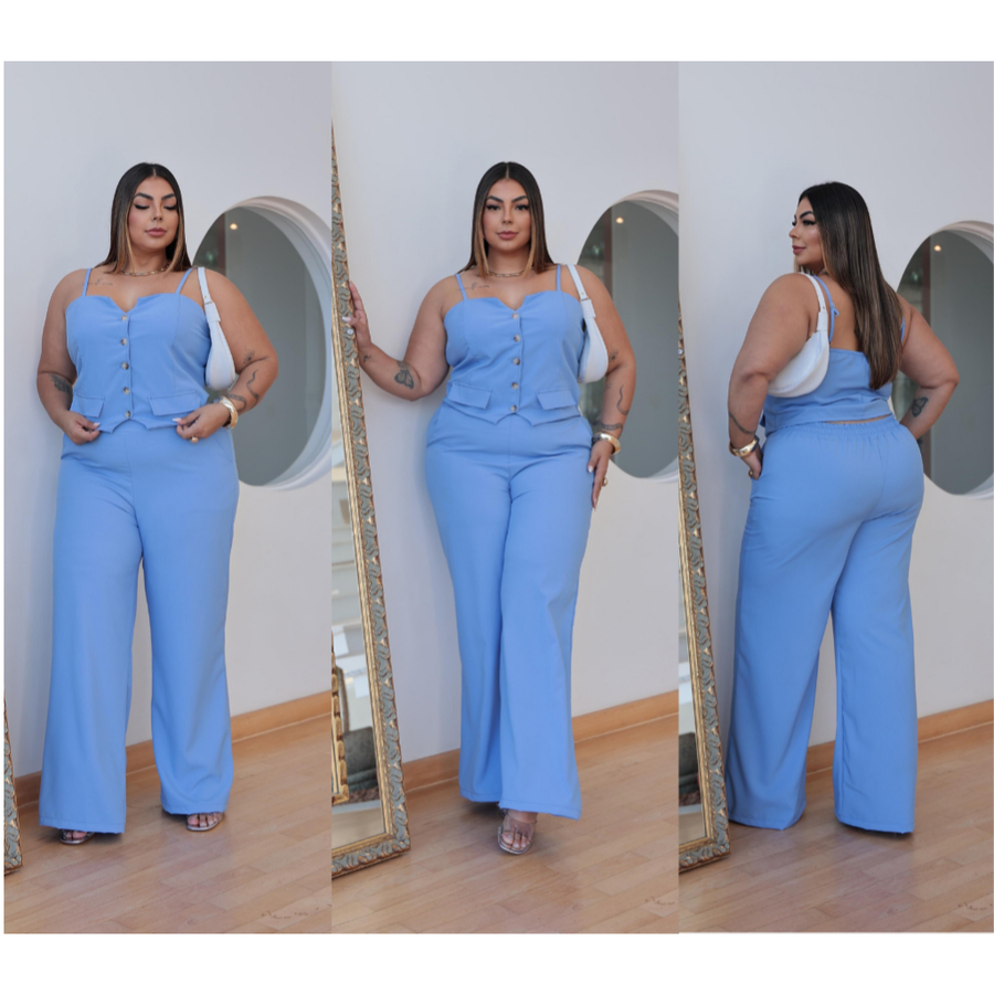 Conjunto Feminino Calça e Colete Plus Size Com Regulagem na Alça alfaiataria
