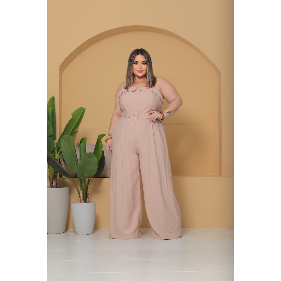 Macacão Feminino Plus Size Alfaiataria Elegante Alça Regulável Com Cinto