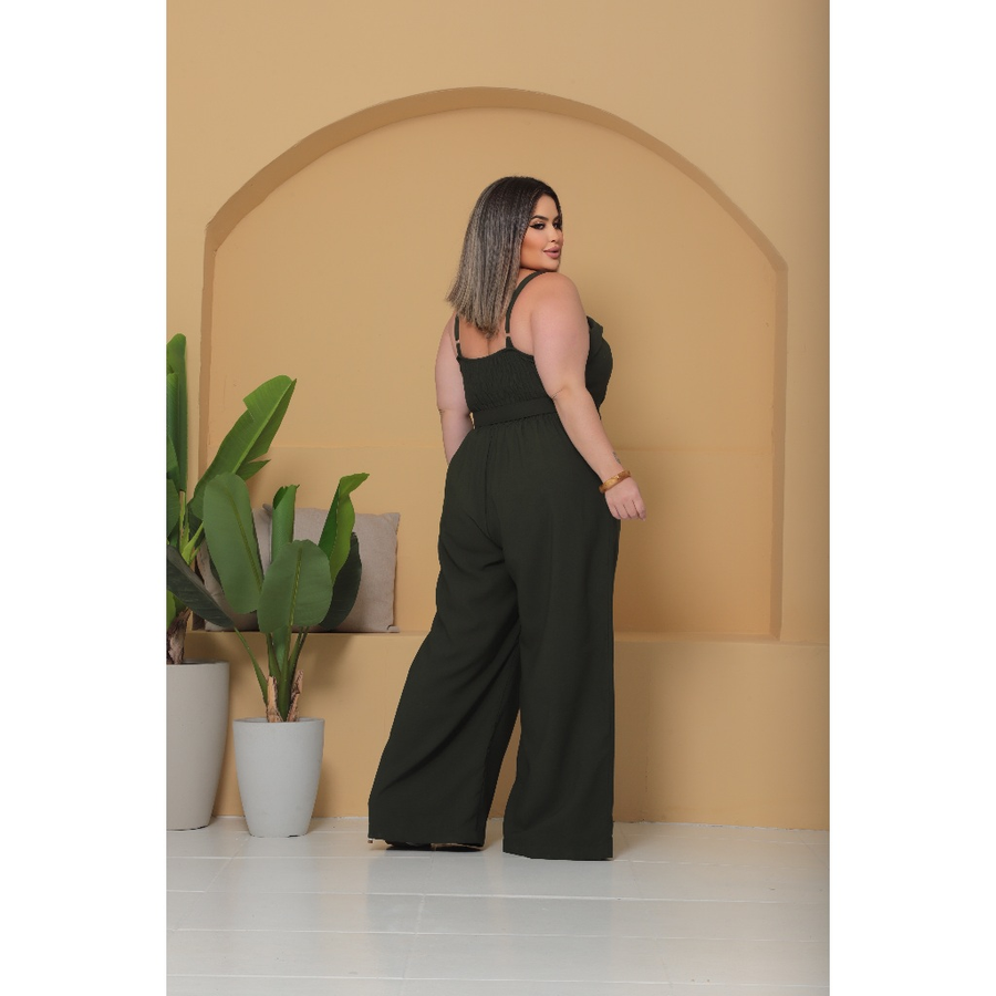 Macacão Feminino Plus Size Alfaiataria Elegante Alça Regulável Com Cinto