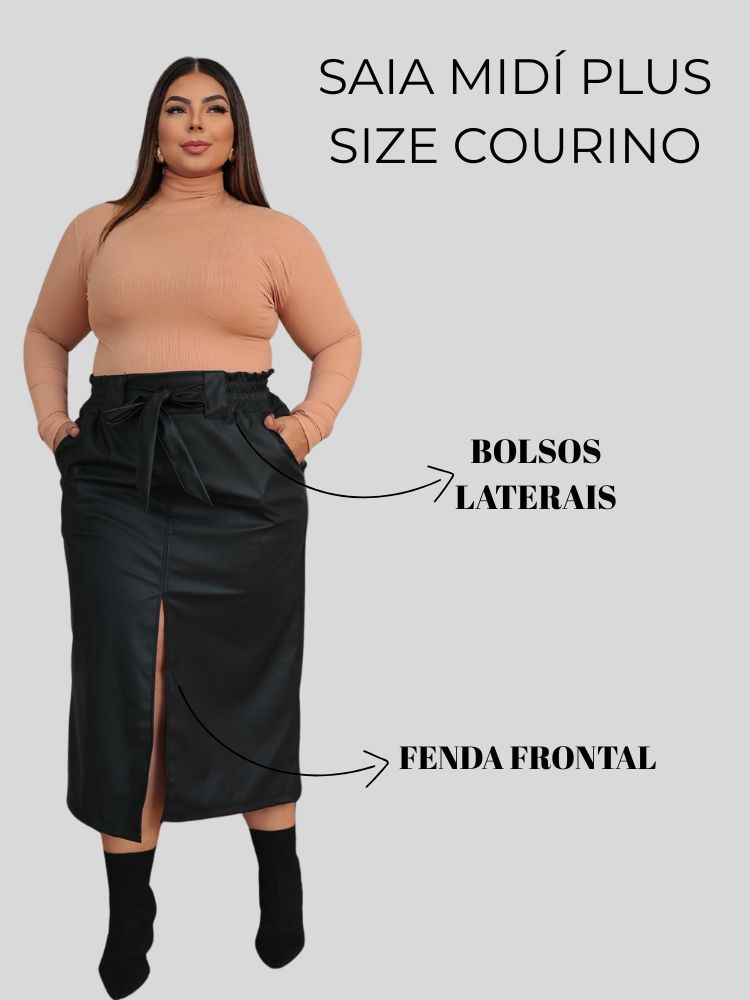 Saia Midi Couro Sintético Plus Size Inverno Feminina Cintura Alta com Amarração e Fenda