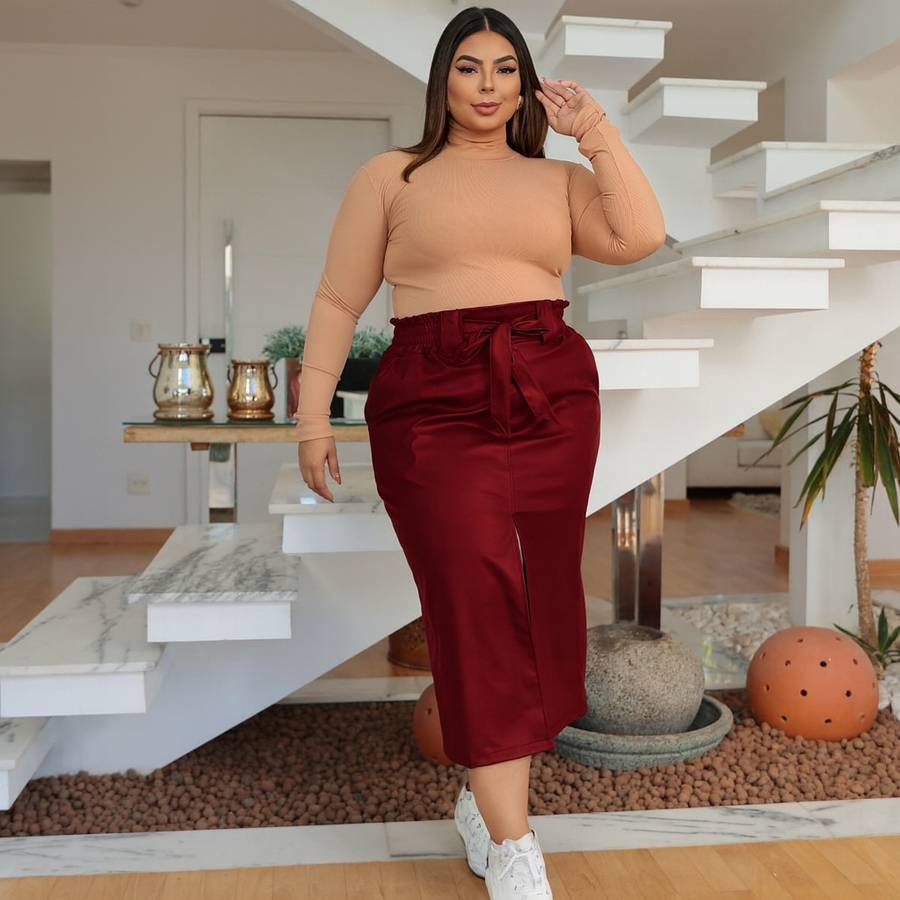 Saia Midi Couro Sintético Plus Size Inverno Feminina Cintura Alta com Amarração e Fenda