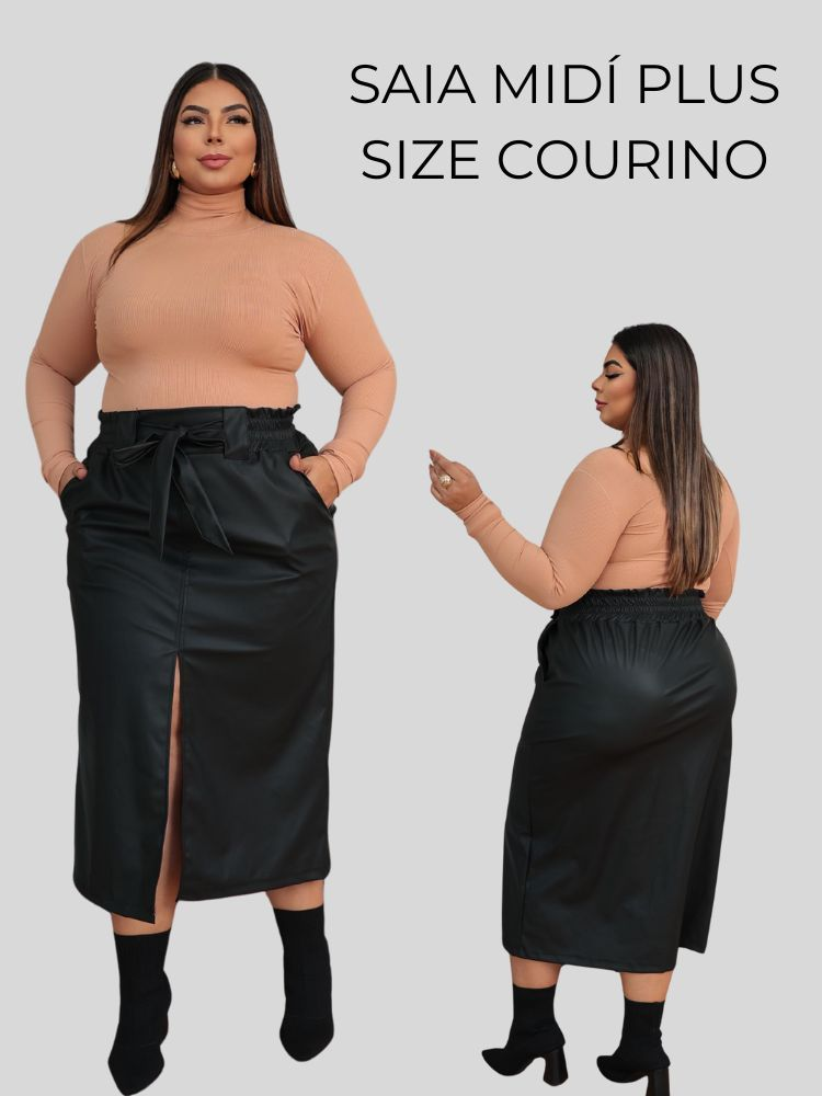 Saia Midi Couro Sintético Plus Size Inverno Feminina Cintura Alta com Amarração e Fenda