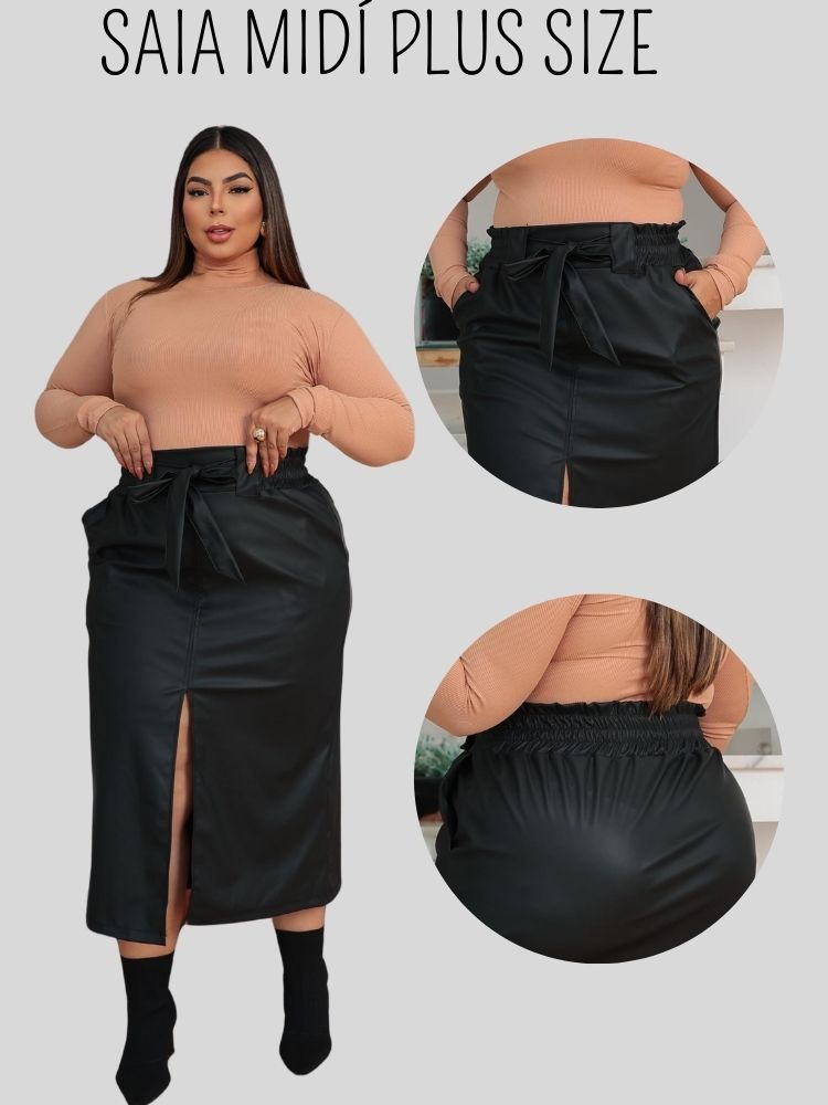 Saia Midi Couro Sintético Plus Size Inverno Feminina Cintura Alta com Amarração e Fenda