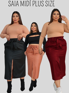 Saia Midi Couro Sintético Plus Size Inverno Feminina Cintura Alta com Amarração e Fenda