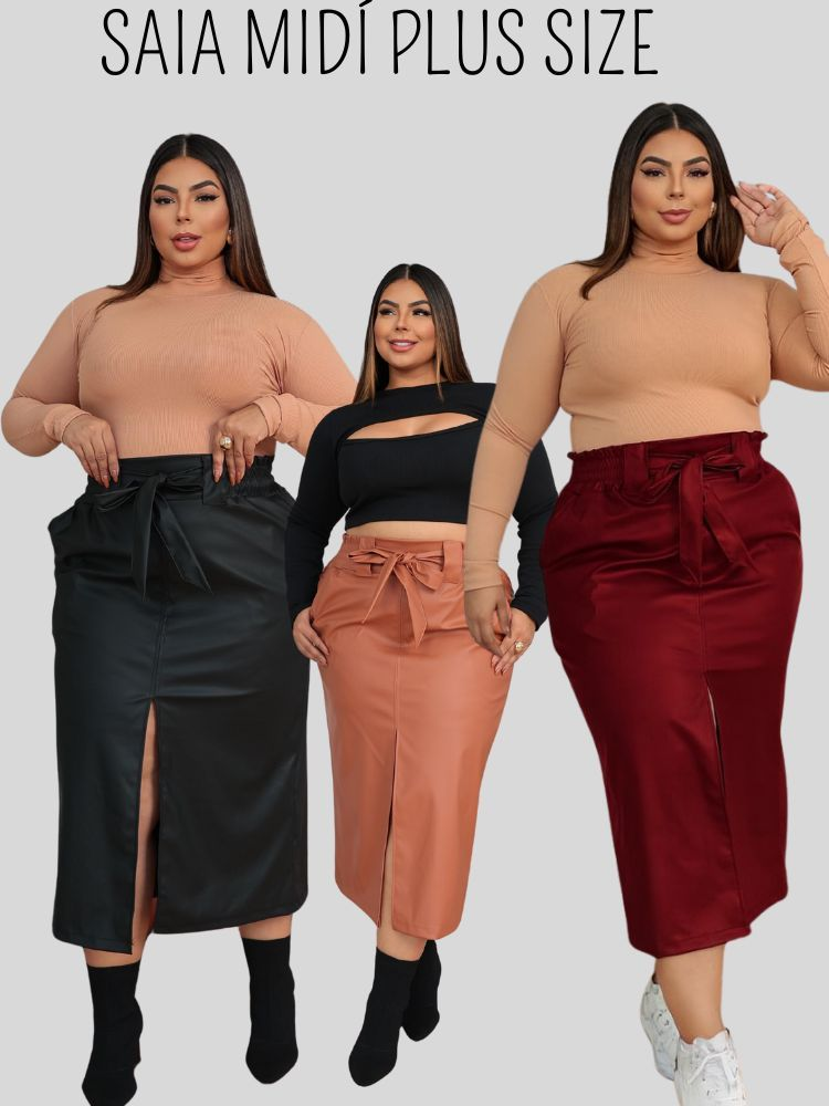 Saia Midi Couro Sintético Plus Size Inverno Feminina Cintura Alta com Amarração e Fenda